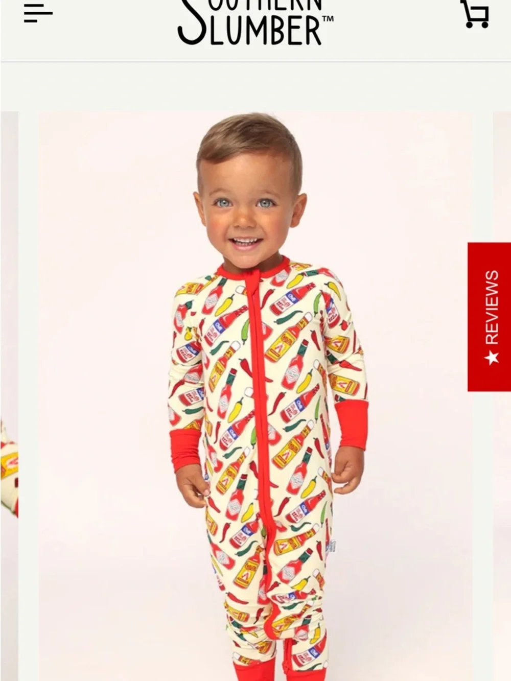 Southern Slumber Hot Sauce Print Kids  One-Piece Pajamas - Red Trim Bamboo